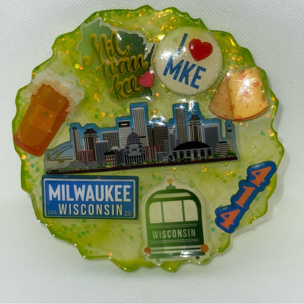 Vibrant Green and Yellow Mixed Media Art with Milwaukee Icons